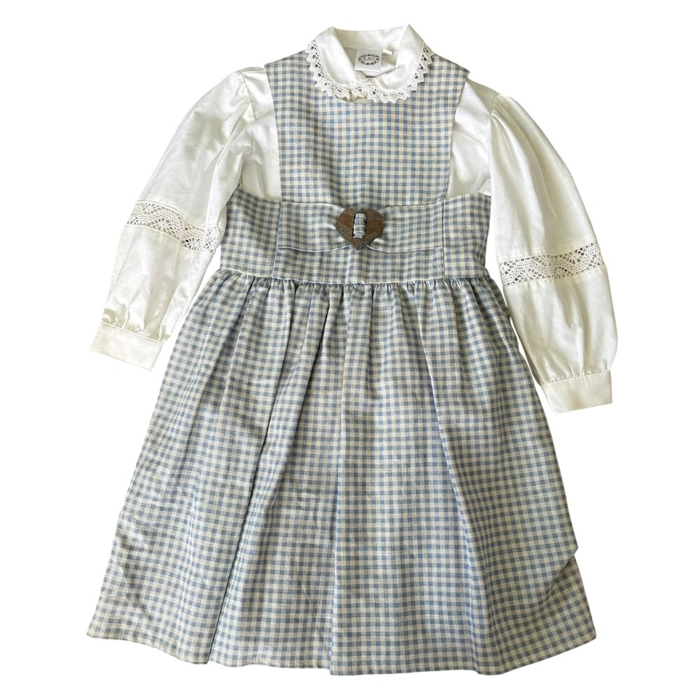 St. Peter Trachten Vintage Kids Blue Gingham Pinafore Dress & Lace Shirt Set 5